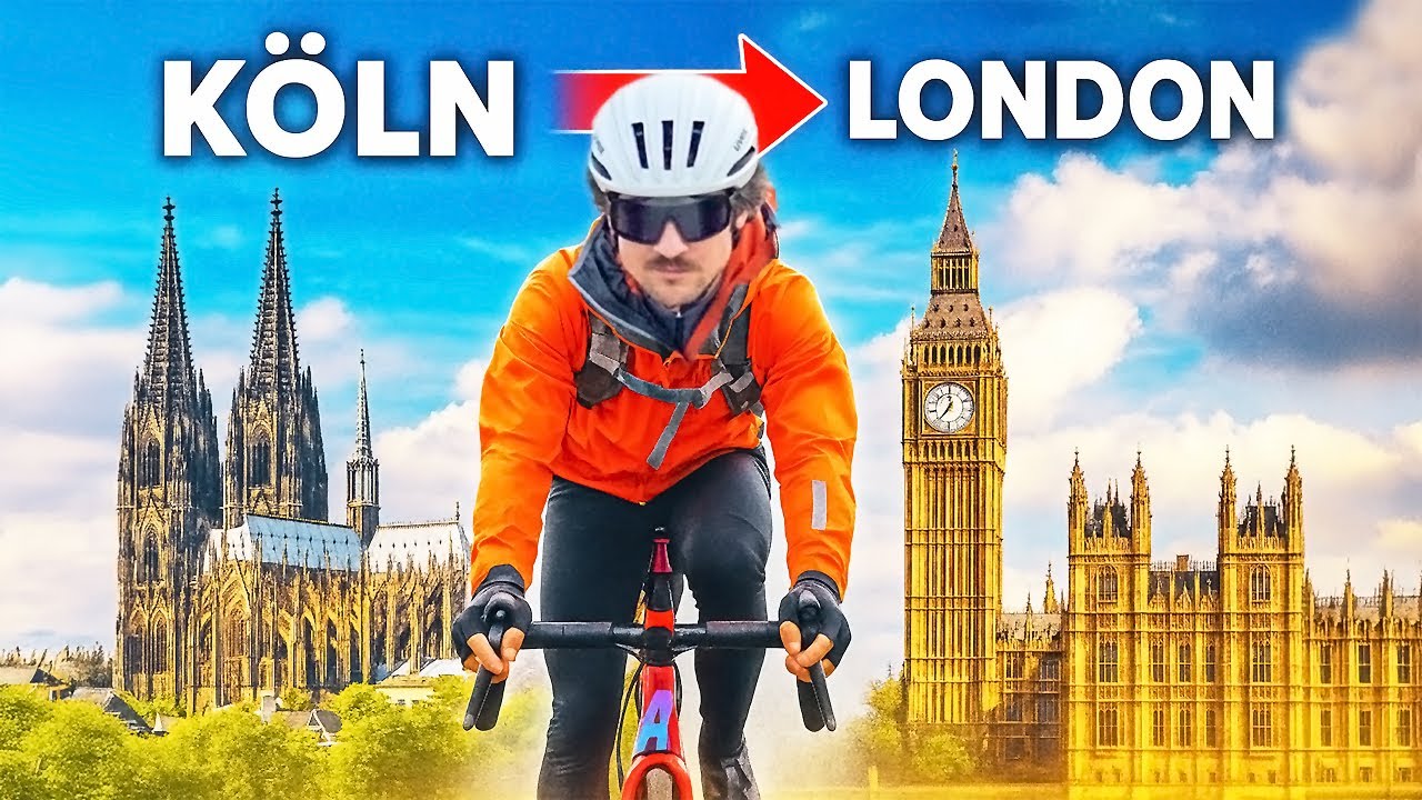 YouTube post by @BastianBrutzer91 for komoot. Caption reads: COLOGNE - LONDON by bike (599km) in 24H.