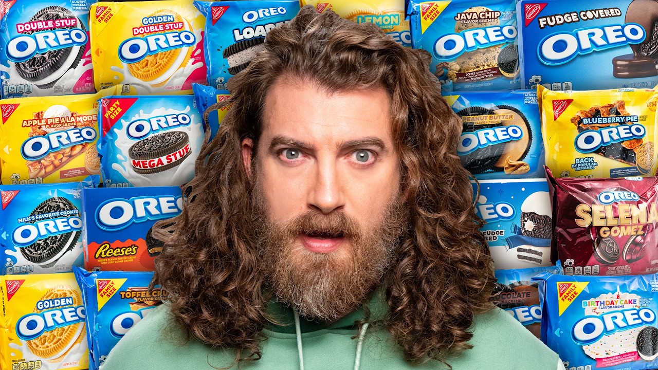 YouTube post by @GoodMythicalMorning for Mythical. Caption reads: We Tried EVERY Oreo.