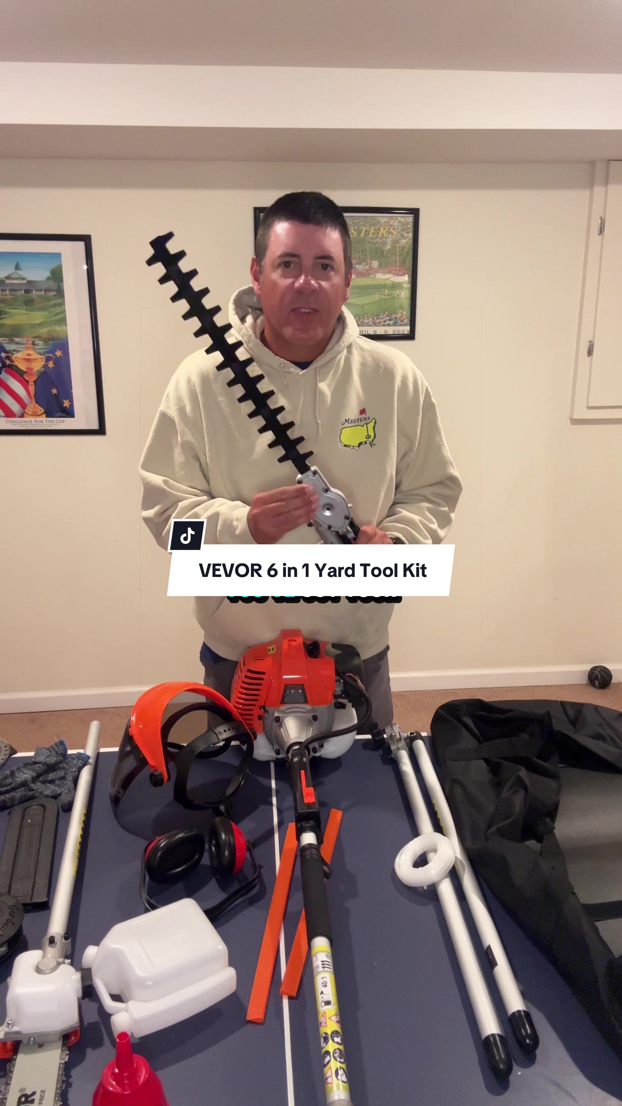 TikTok post by @backyardgolfdad for VEVOR US. Caption reads: If your garage is full of random tools, this fixes....