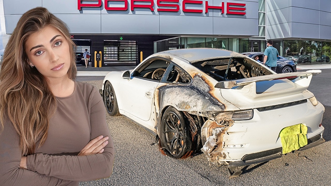YouTube post by @EmeliaHartford for Sphinx LLC. Caption reads: Rebuilding a Total Loss Porsche 911 GT3 I bought....