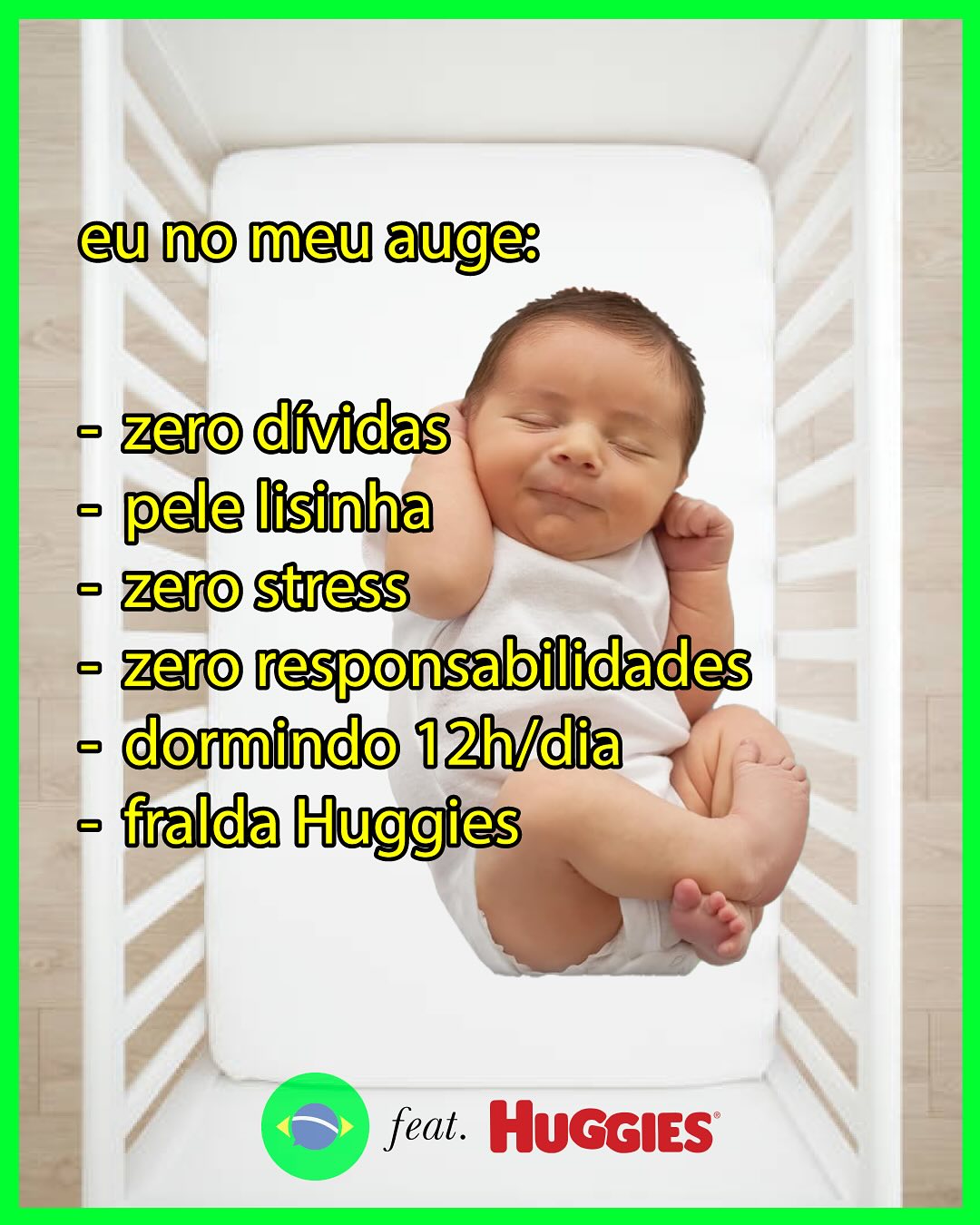 Instagram post by @greengodictionary for Huggies. Caption reads: 🇧🇷 presente do chá de bebê: roupas que vão durar....