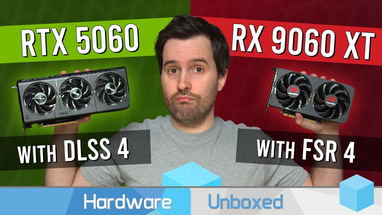 YouTube post by @Hardwareunboxed for Newegg. Caption reads: Best Budget GPU: RTX 5060 vs RX 9060 XT vs Arc....