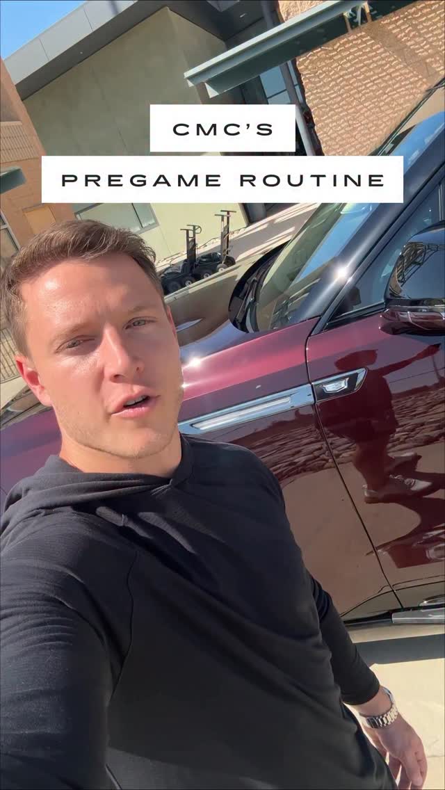 Instagram post by @christianmccaffrey for Cadillac. Caption reads: Preparation builds confidence. Confidence builds....