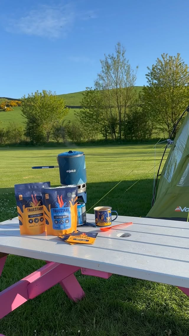 Instagram post by @michaela_in_the_wild for Alpkit. Caption reads: [...] sea ☕️🏕️💦☀️🏴󠁧󠁢󠁳󠁣󠁴󠁿🩱 Fy. My @alpkit....