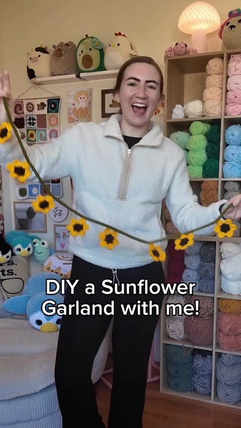 Instagram post by @allez.crochet for Caydo. Caption reads: [...] Garland with me!🌻🧶 I used the....