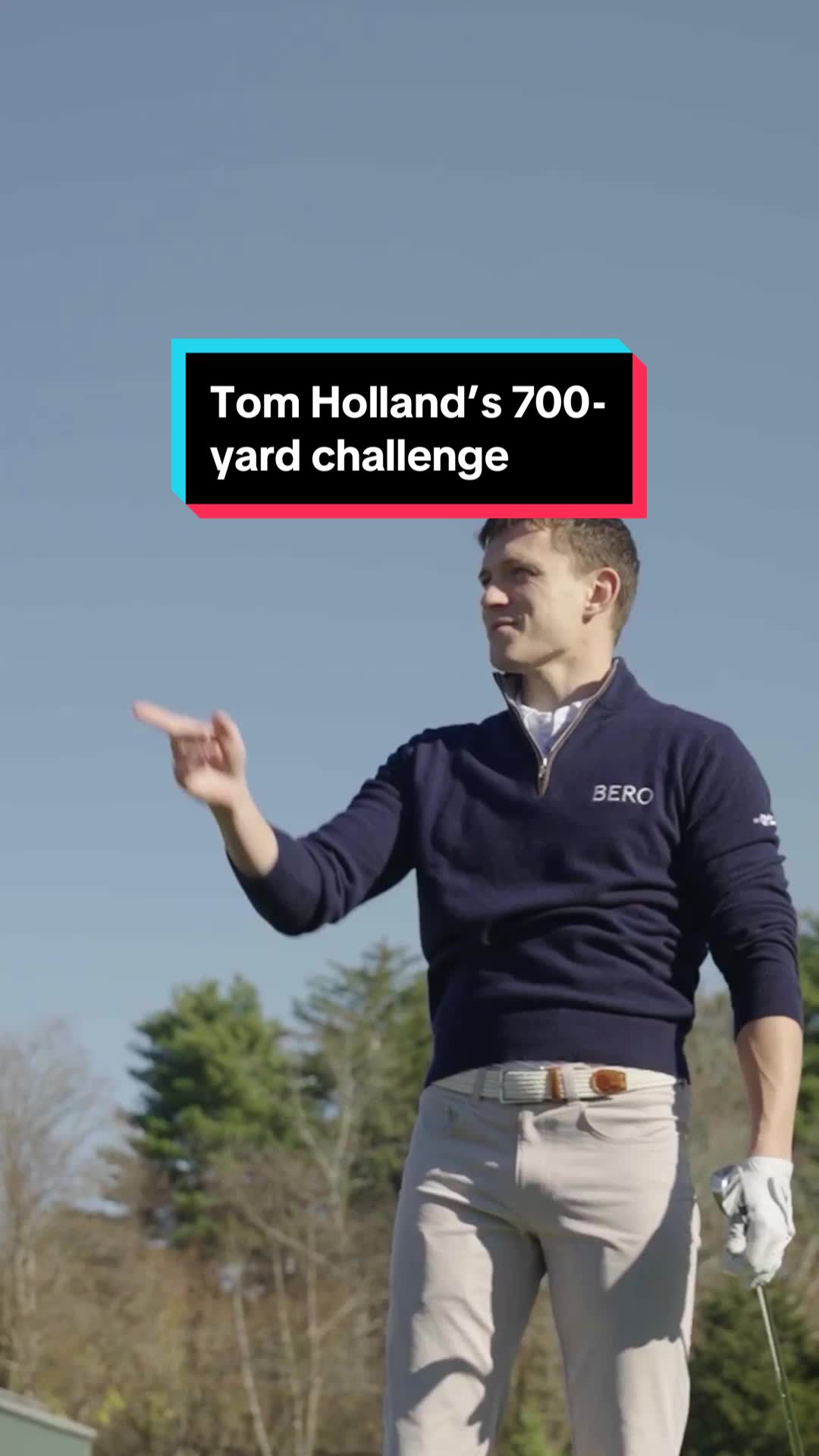 TikTok post by @golfdigestofficial for Berobrewing. Caption reads: How well does Tom Holland know his yardages?....