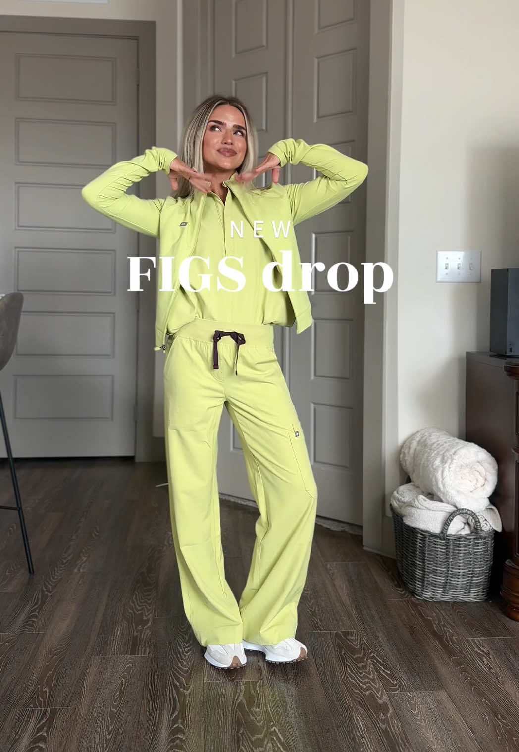 TikTok post by @madibeckstead for FIGS. Caption reads: [...] back too. 💜 Use code MADIBFIRSTFIGS for $....
