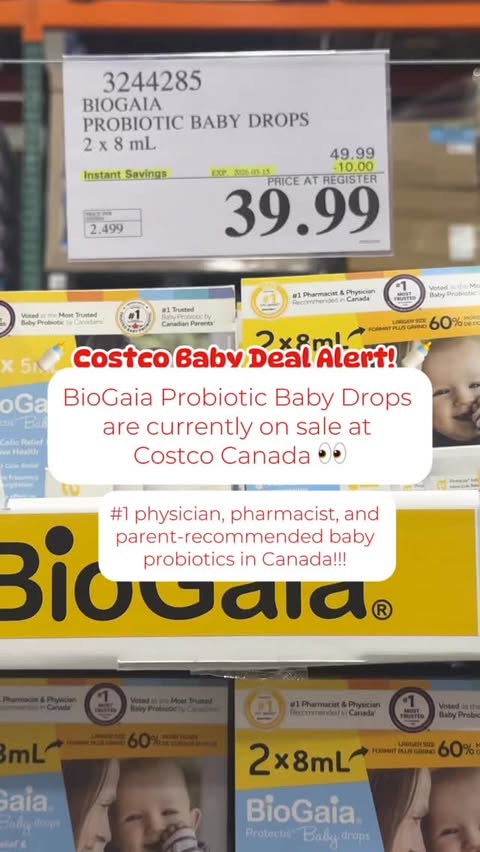 Instagram post by @costcofindscanada for BioGaia. Caption reads: 🍼 Costco Baby Deal Alert! 🍼 ‌ @biogaia.ca....