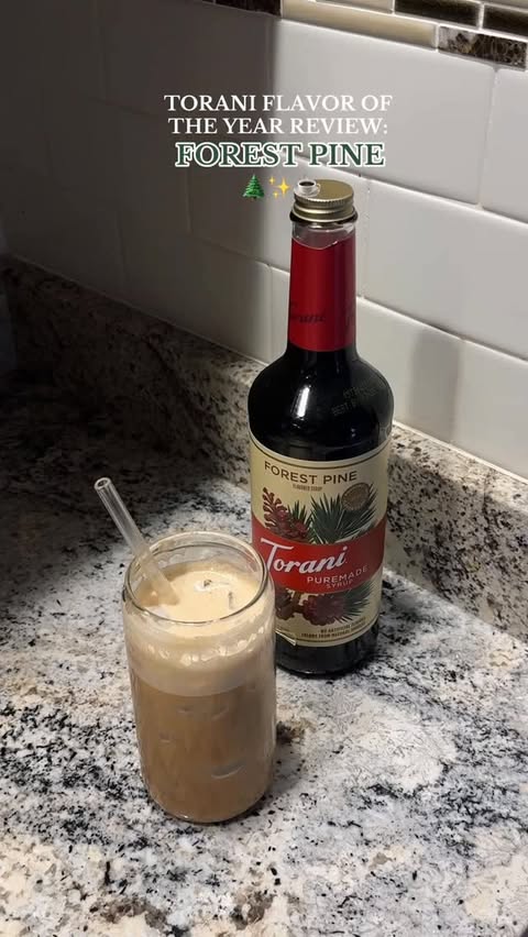 Instagram post by @foodieeshh for Torani. Caption reads: Torani Forest Pine Syrup Review 🌲✨☕️

#coffeetime....