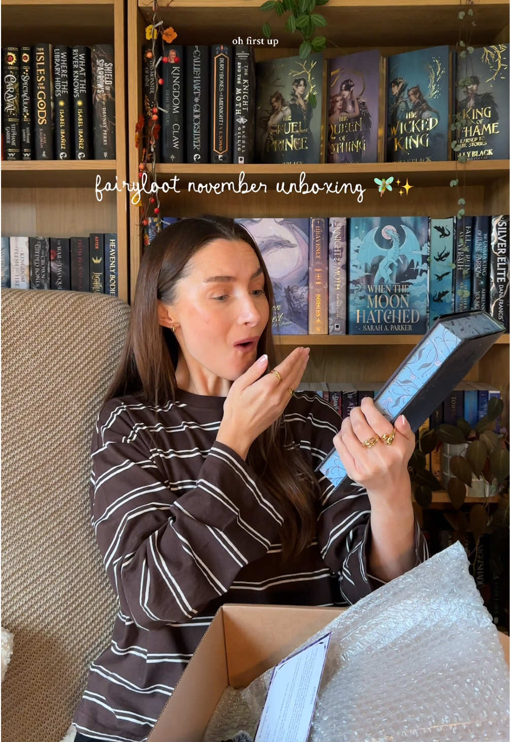 TikTok post by @luceaslibrary for FairyLoot. Caption reads: unboxing my november @FairyLoot let’s find out....