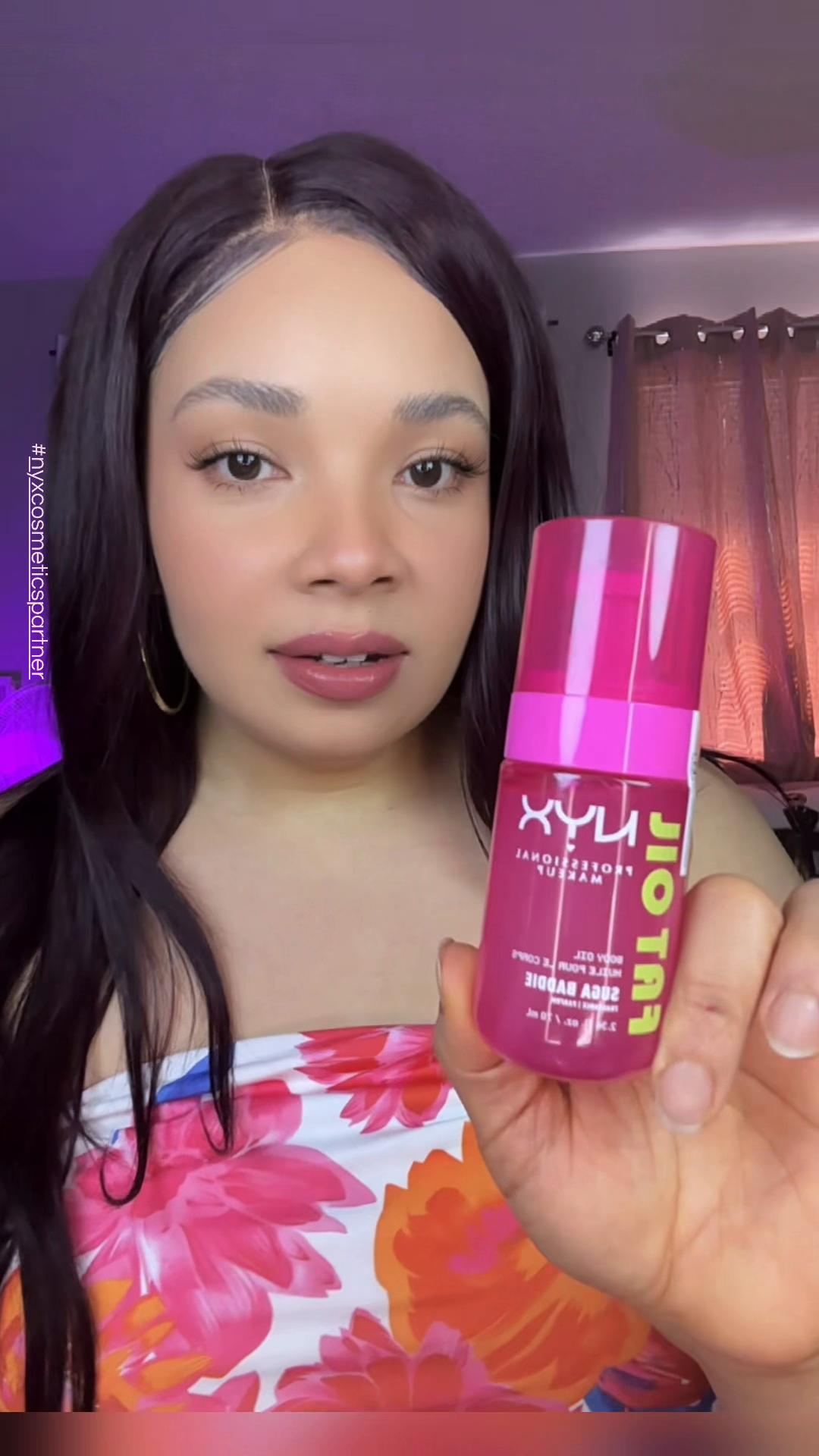 TikTok post by @cardis.ego for NYX Professional Makeup HR. Caption reads: Suga Baddie Scented Oil gives you 24 Hydration....