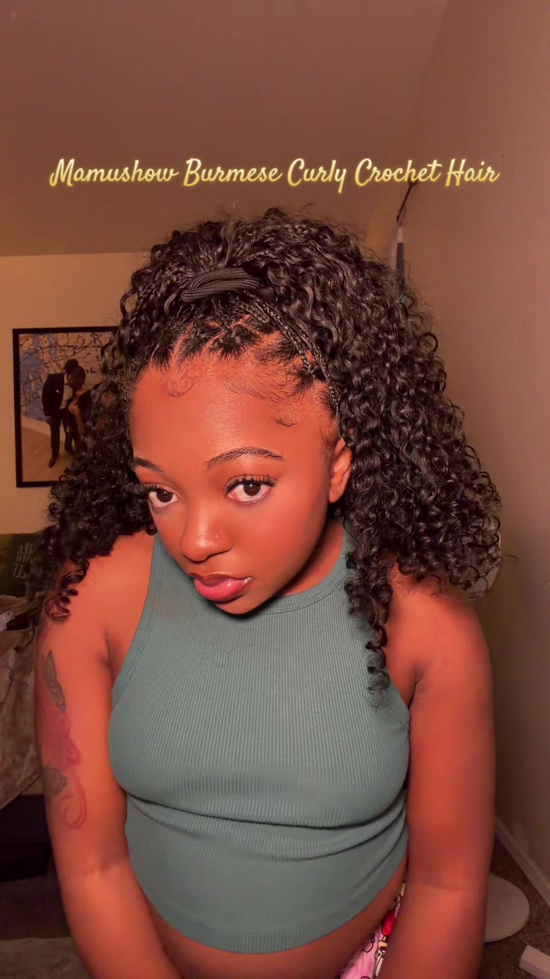 TikTok post by @theeetinymama for Mamushow Hair Store. Caption reads: So many ways to style it Burmese curly crochet....