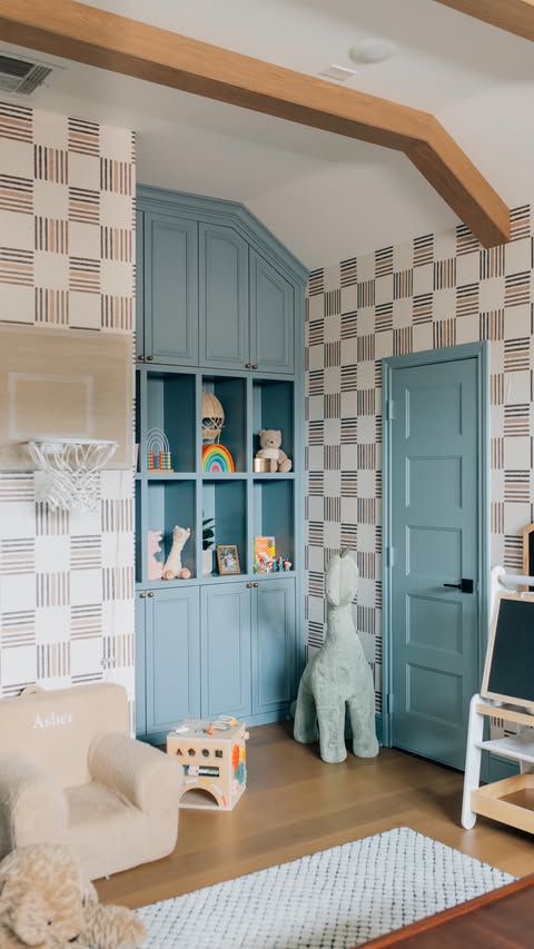 Instagram post by @anniemescallhome for Pottery Barn Kids. Caption reads: Our playroom project reveal 💙 Comment "PLAY" to....