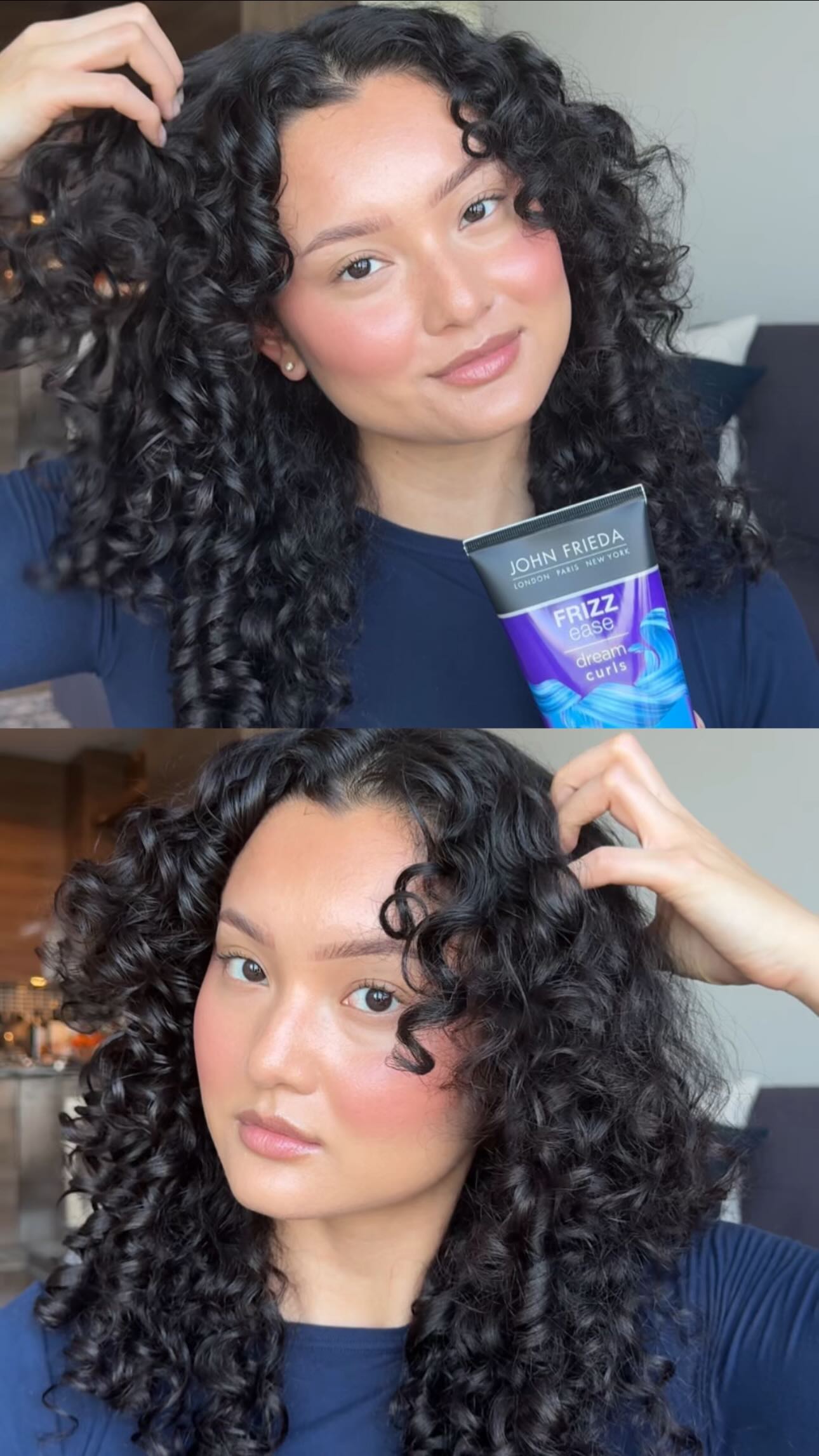 Instagram post by @thatcurlblog for John Frieda. Caption reads: #ad Testing the New @johnfriedacanada Dream Curls....