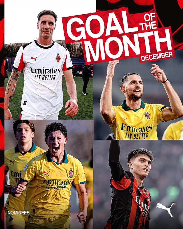 Instagram post by @milanfuturo for PUMA Football. Caption reads: The final GOTM of the year! 🔝⚽ Make your choice....