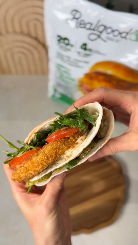 Instagram post by an influencer for Real Good Foods Co.. Caption reads: Quick & easy wrap idea with Real Good Foods 🌯✨....