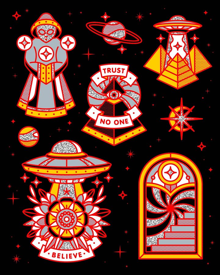 Instagram post by @redhalftone for StickerApp. Caption reads: [...] gone sticker sheet I drew up for....