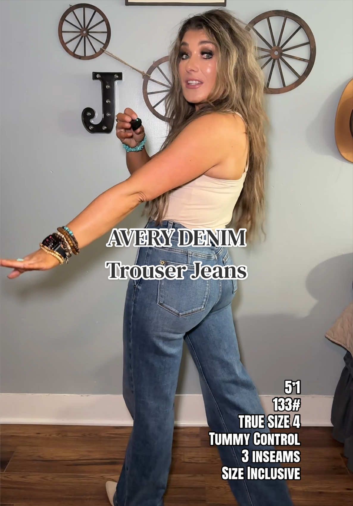 TikTok post by @youseekait_style for Emma Lous Boutique. Caption reads: [...] feel like they elongate my legs! @Emma Lous....