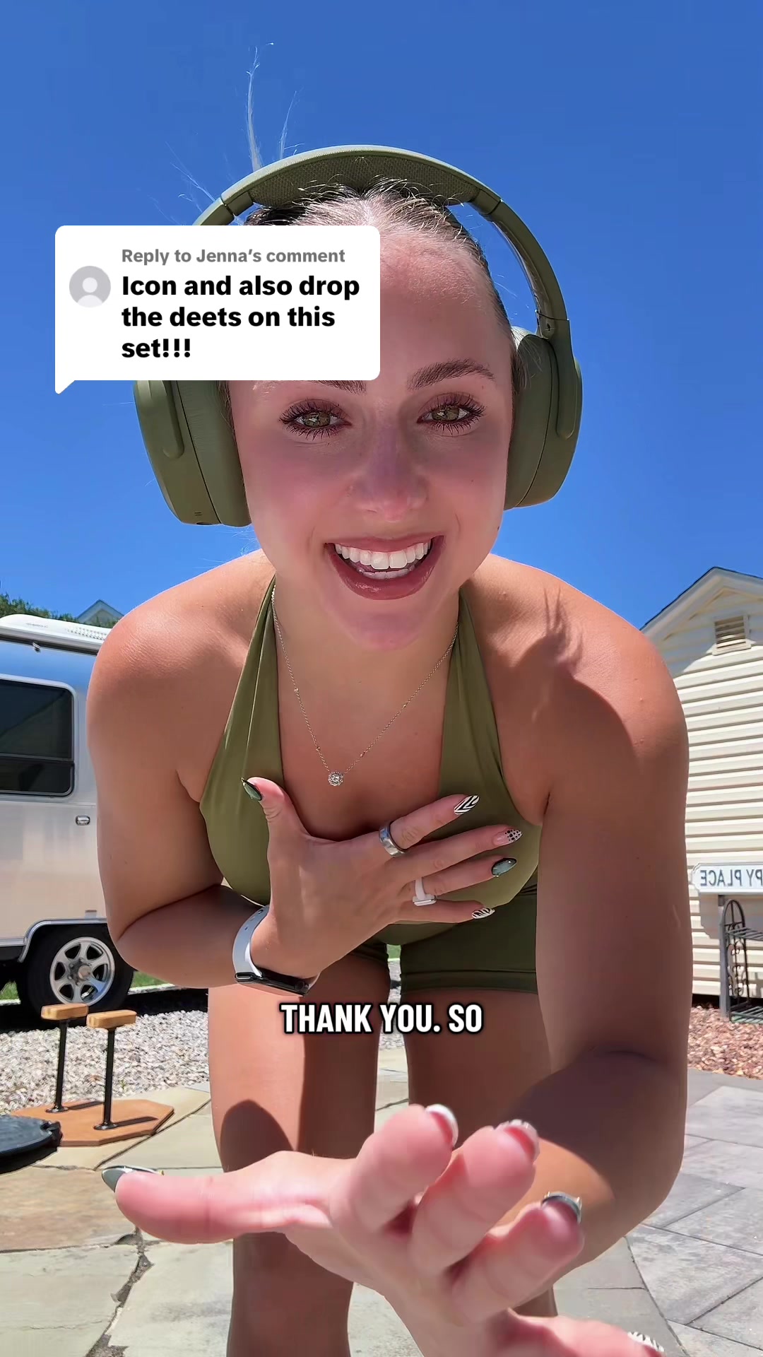TikTok post by @chelsea.evee for Skullcandy. Caption reads: [...] saves💚 headphones are @Skullcandy #fitcheck....