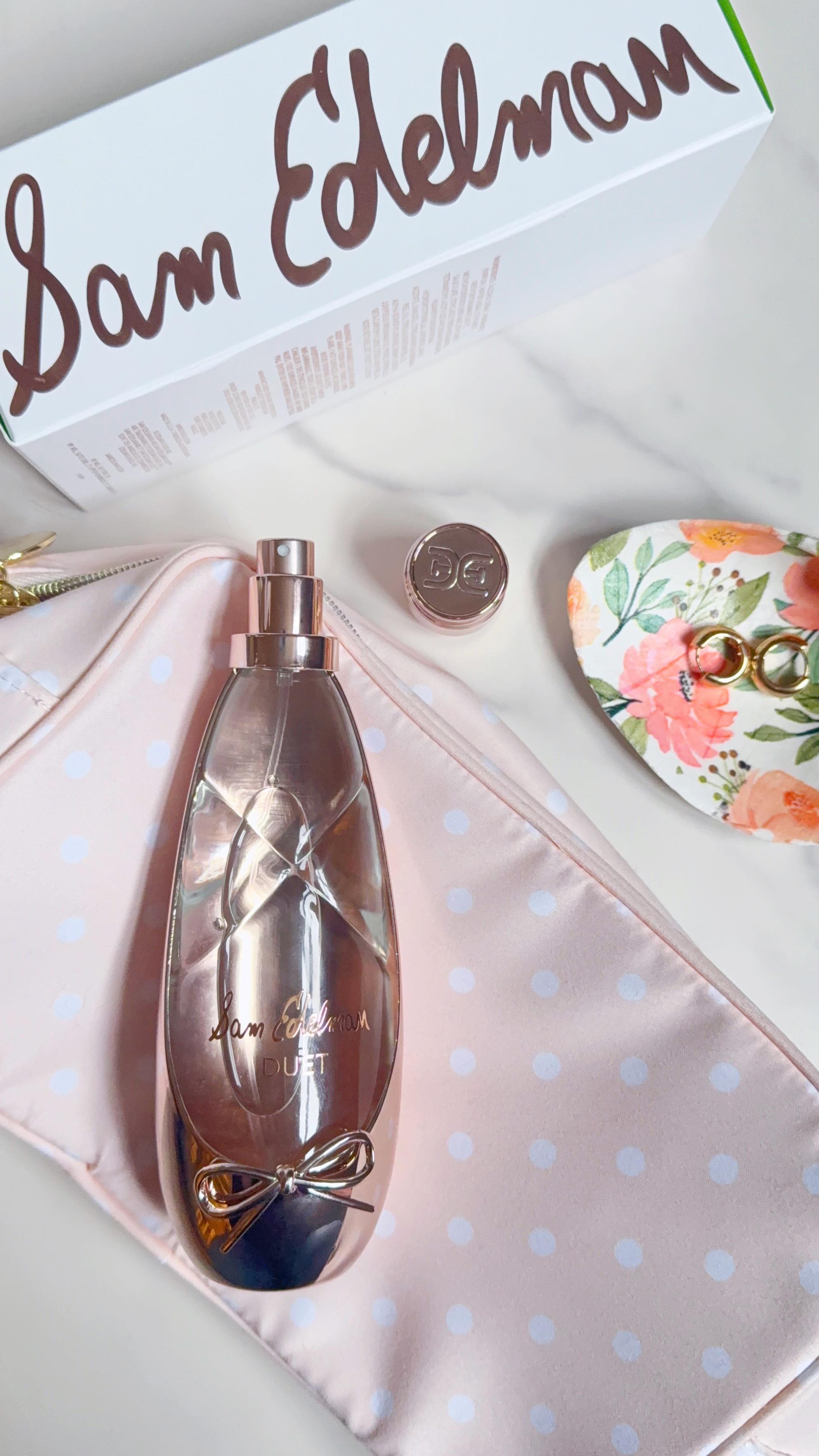 Instagram post by @lovetoreviewbykristen for Sam Edelman. Caption reads: 🌸Adding a new signature scent to my routine:....