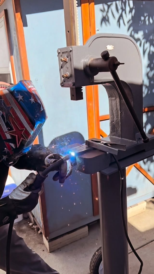 Instagram post by @bhoodfab for Lincoln Electric. Caption reads: Designed and fabricated a steel base to attach my....