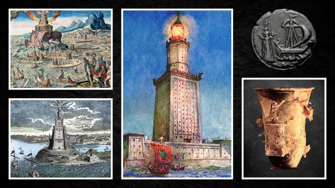 YouTube post by @toldinstone for TrovaTrip. Caption reads: The Lighthouse of Alexandria | The Tallest Ancient....