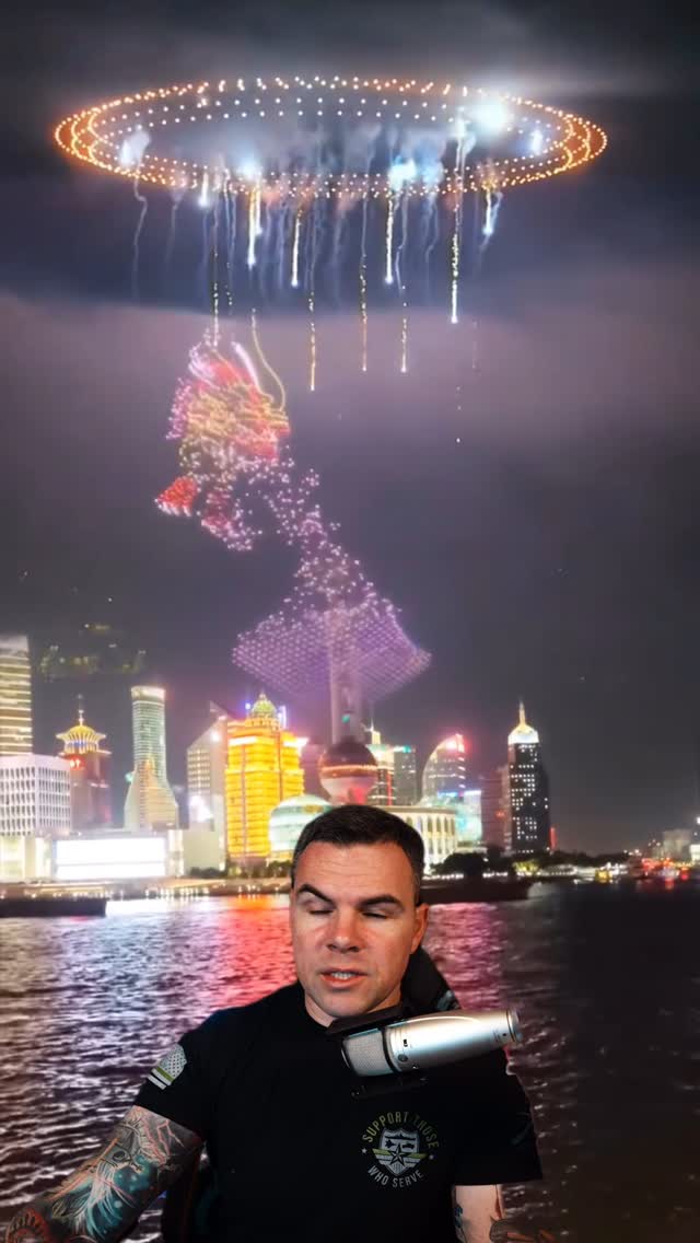 Instagram post by @kagan.dunlap for Grunt Style. Caption reads: China ushered in the new year with a drone light....