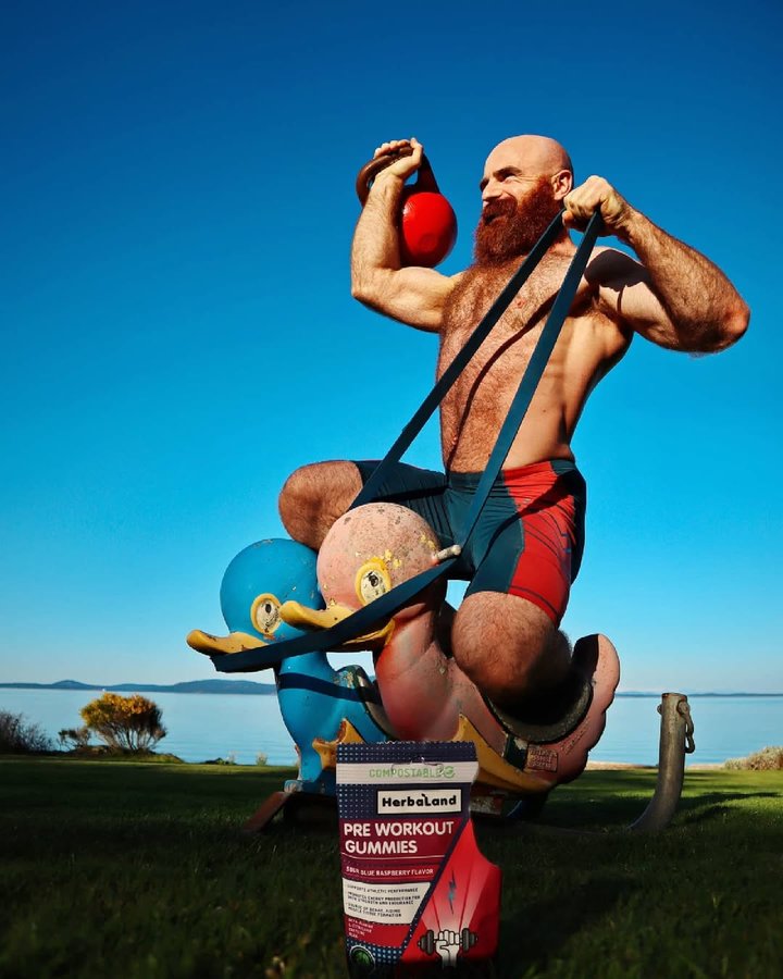 Instagram post by @toqueluc for Herbaland. Caption reads: [...] 🦆🐒😎 I loved shooting this #ad for....