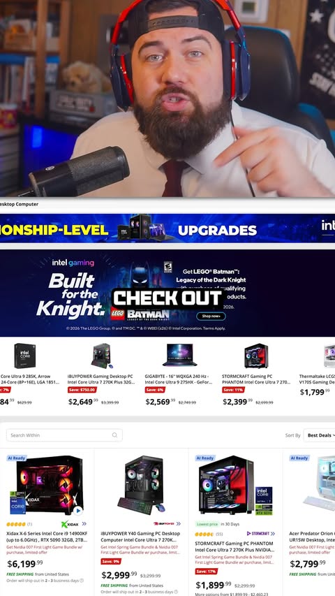 Instagram post by @cpreds_yt for Intel Gaming. Caption reads: [...] ILLEGAL PC Prices from @newegg &....