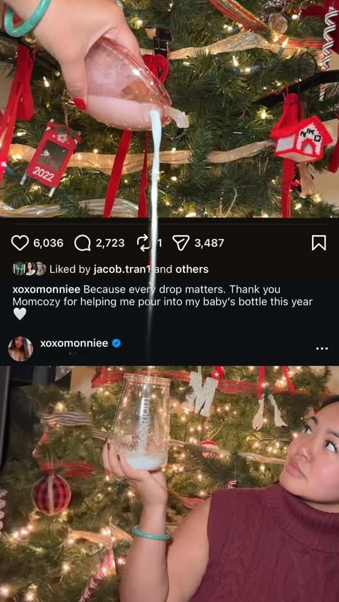 Instagram post by @xoxomonniee for Momcozy. Caption reads: Every drop is a little golden Christmas gift from....
