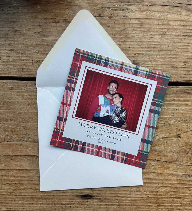 Instagram post by @paigelorenze for Minted. Caption reads: happy holidays! love, paige and tommy @minted....