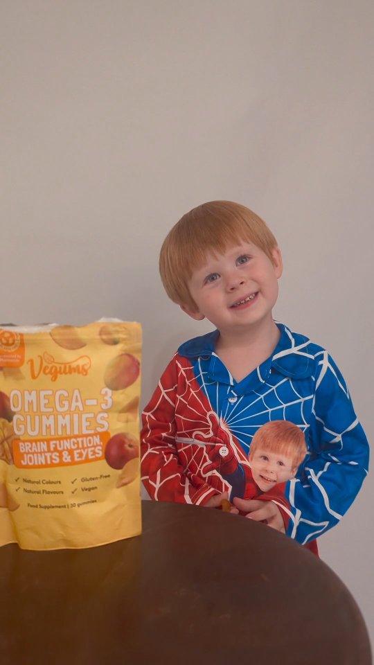 Instagram post by @archie.and.freddie for Vegums. Caption reads: We’ve been trying out Vegums Omega-3 Vegan Gummies....