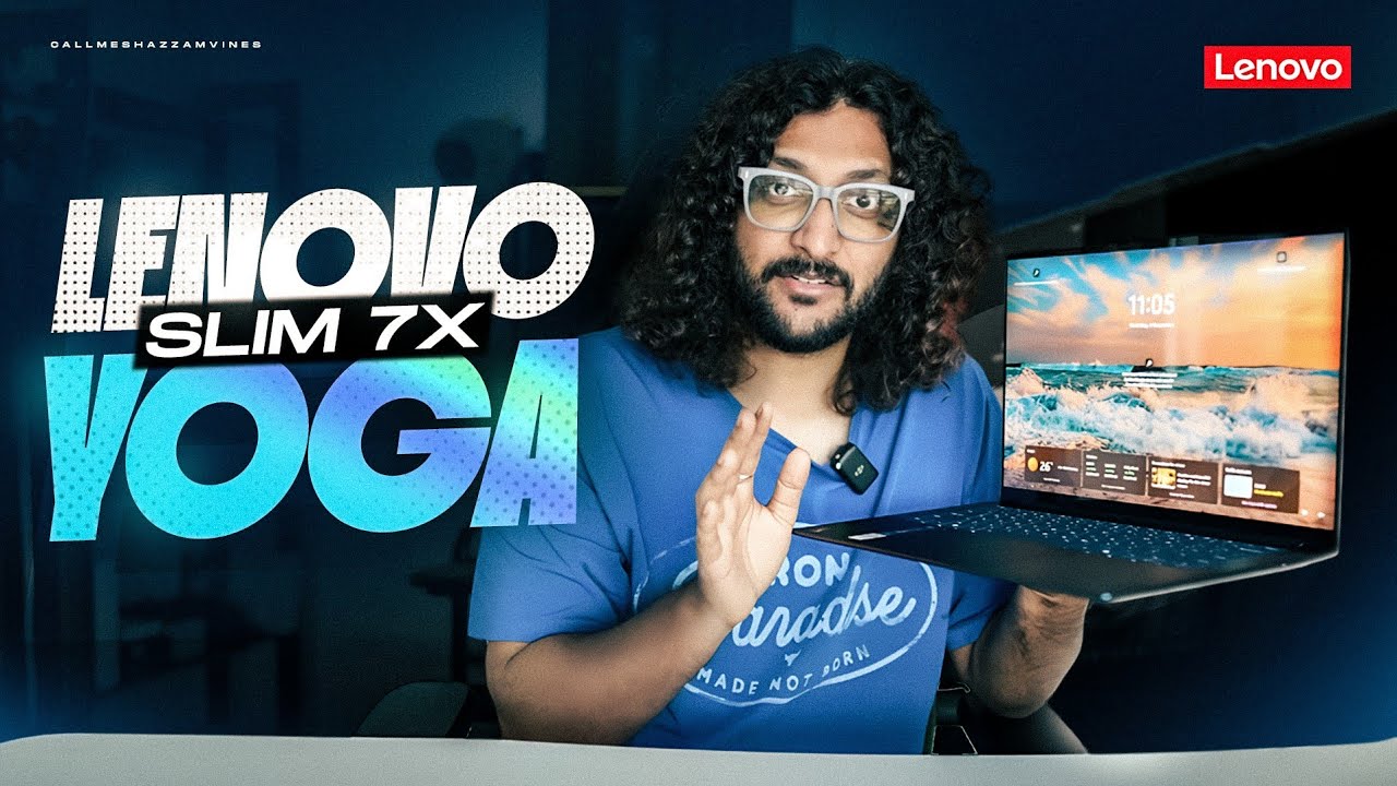 YouTube post by @CallMeShazzamTECH for Qualcomm. Caption reads: Lenovo Yogo Slim 7x | @Snapdragon X Elite | AI PC....