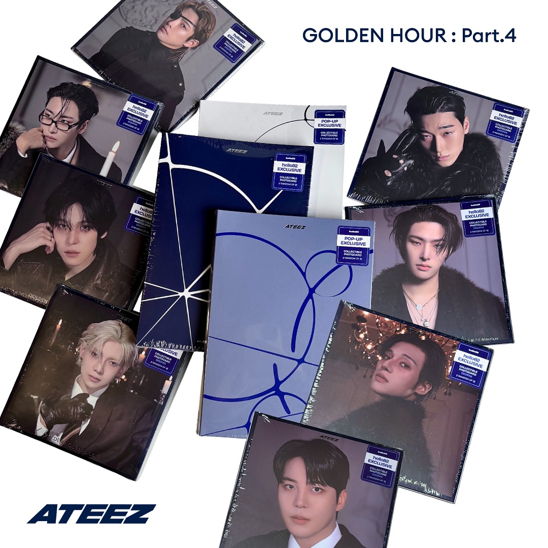 Instagram post by @hello82shop for hello82. Caption reads: [...] #에이티즈 #GOLDENHOUR_Part4 #Adrenaline #hello82.