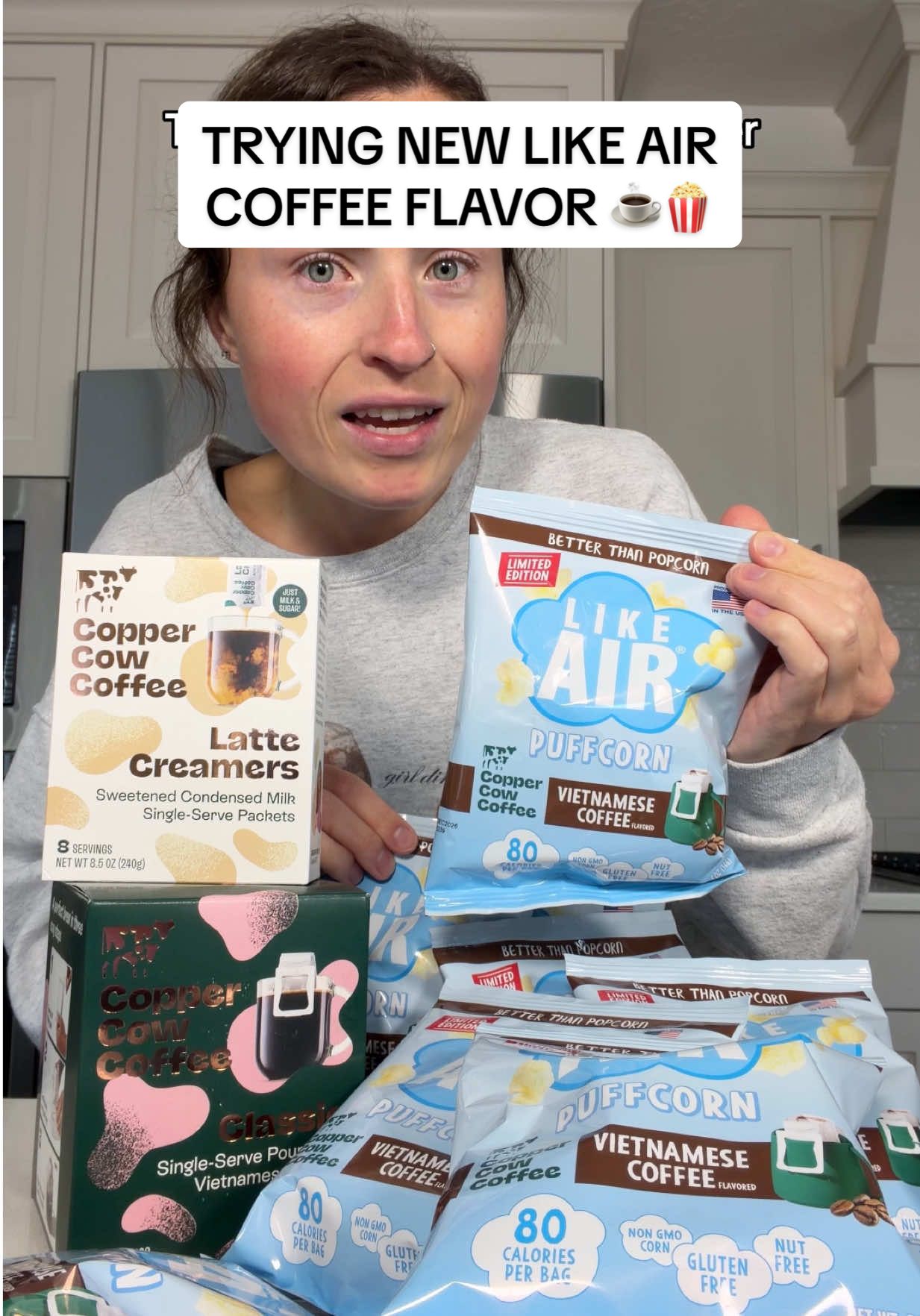 TikTok post by @morganchompz for Copper Cow Coffee. Caption reads: Like Air collabing with Copper Cow COFFEE?! what a....