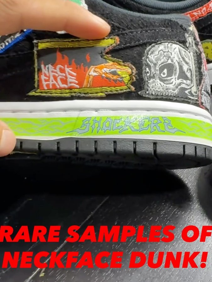 Instagram post by @nastyneckface for Nike Skateboarding. Caption reads: RARE SAMPLES OF NECKFACE @nikesb DUNK!!! RELEASED....