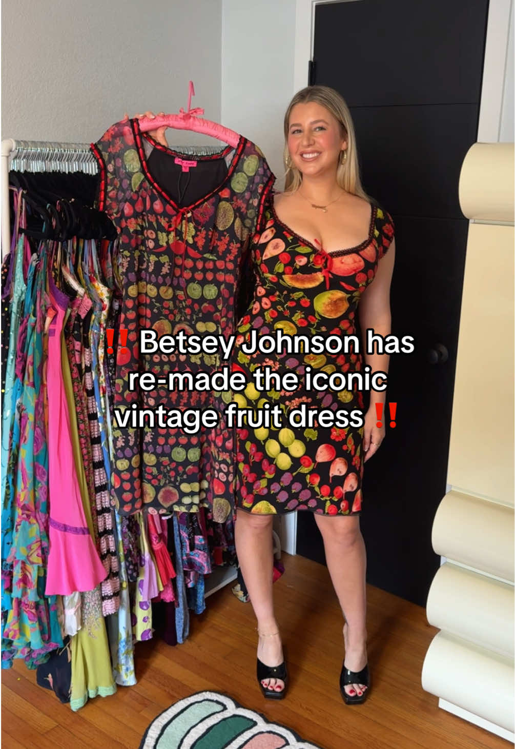 TikTok post by @stephermer for Betsey Johnson. Caption reads: The iconic Betsey Johnson fruit print dress is....