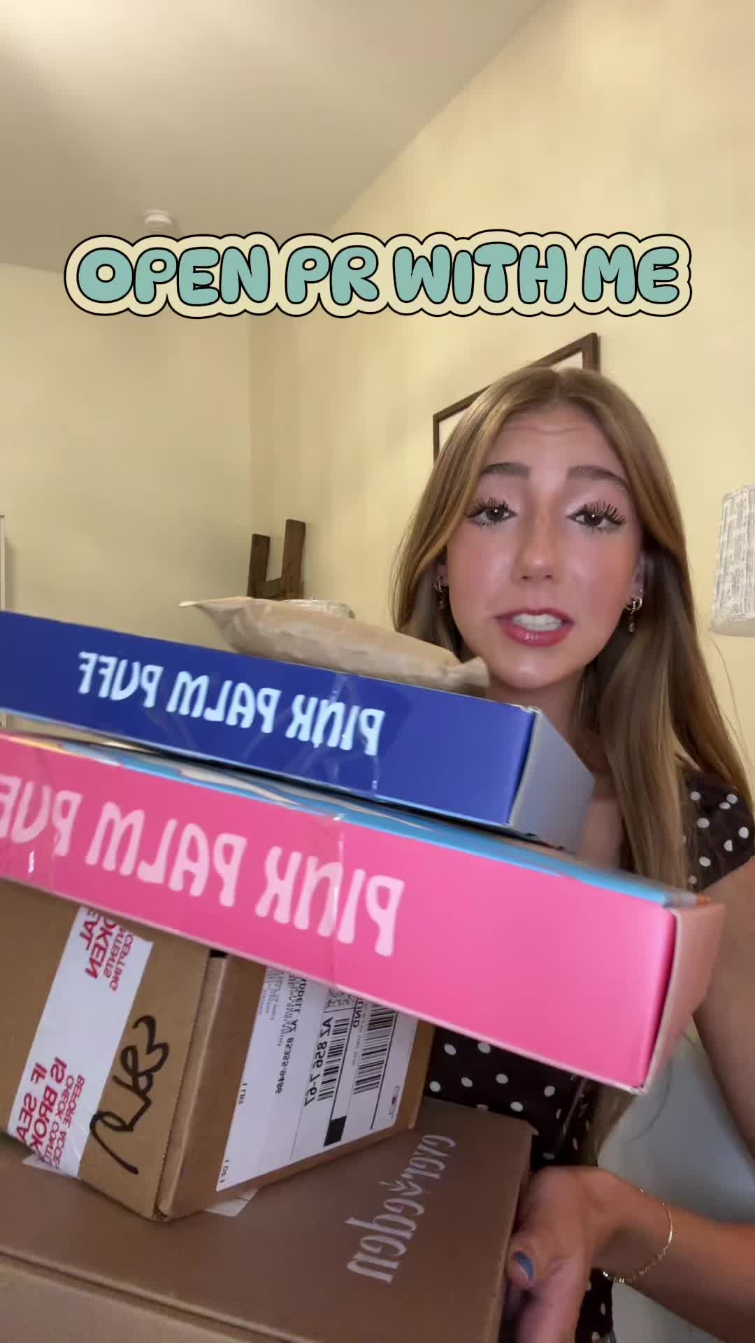 TikTok post by @sabrinaburlando1 for Pink Palm Puff. Caption reads: Guys I’m so happy #prunboxing #pr #pinkpalmpuff....