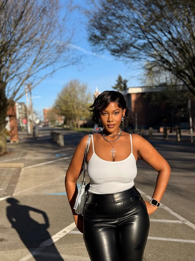 Instagram post by @kennakuotah for YITTY. Caption reads: [...] (S) + Leatherette Straight Leg Pant (M)....