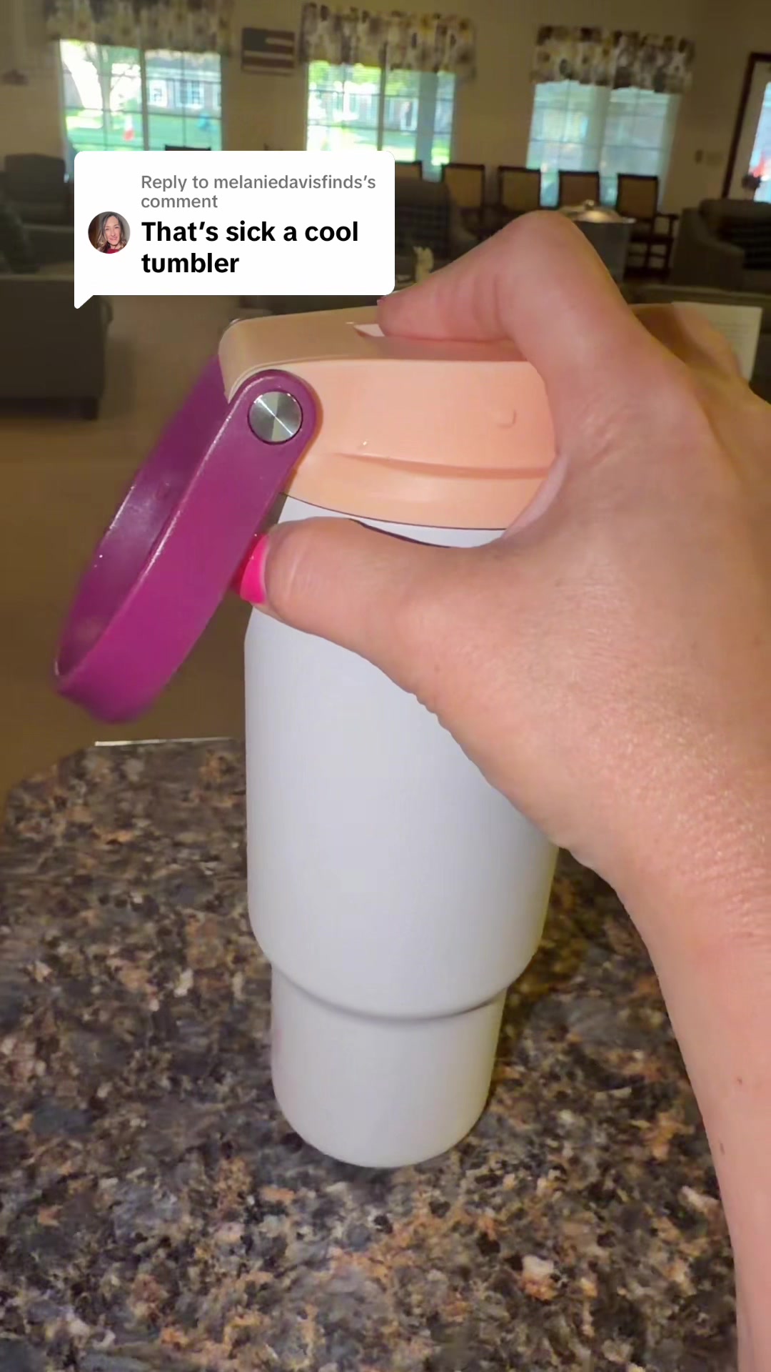 TikTok post by @reallifewithlaura for Meoky Cup. Caption reads: Replying to @melaniedavisfinds @MEOKY #tumbler....