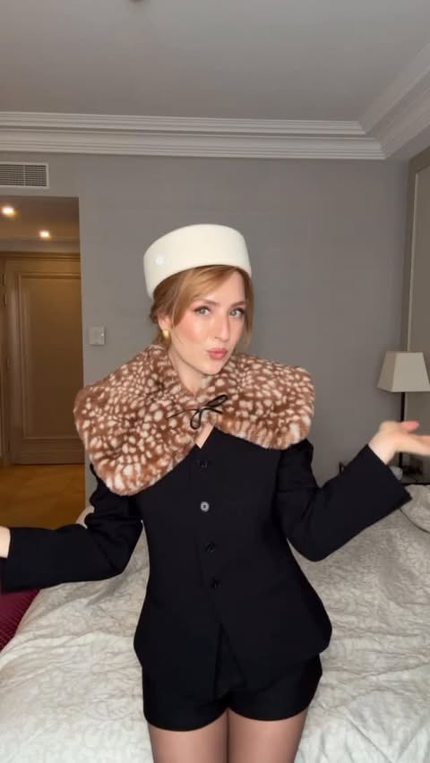 Instagram post by @damlakalaycik for Miu Miu. Caption reads: [...] fur collar : @hm 
Shoes : @ysl 
Bag :....