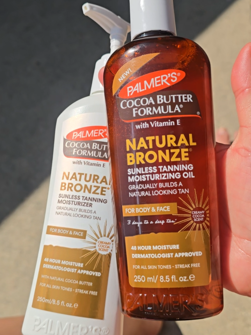 TikTok post by @aliciaorendain for PALMERS. Caption reads: Palmer’s Cocoa Butter Natural Bronze Sunless....