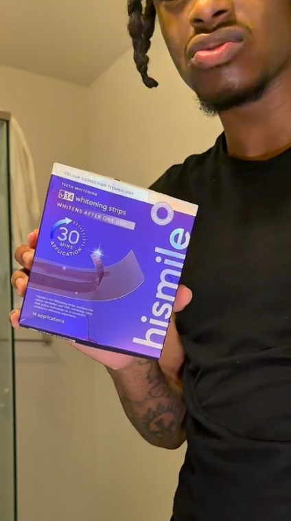 Instagram post by @therealkjbandz_ for Hismile. Caption reads: [...] smile. 😁✨ I’ve been using the HiSmile V34....