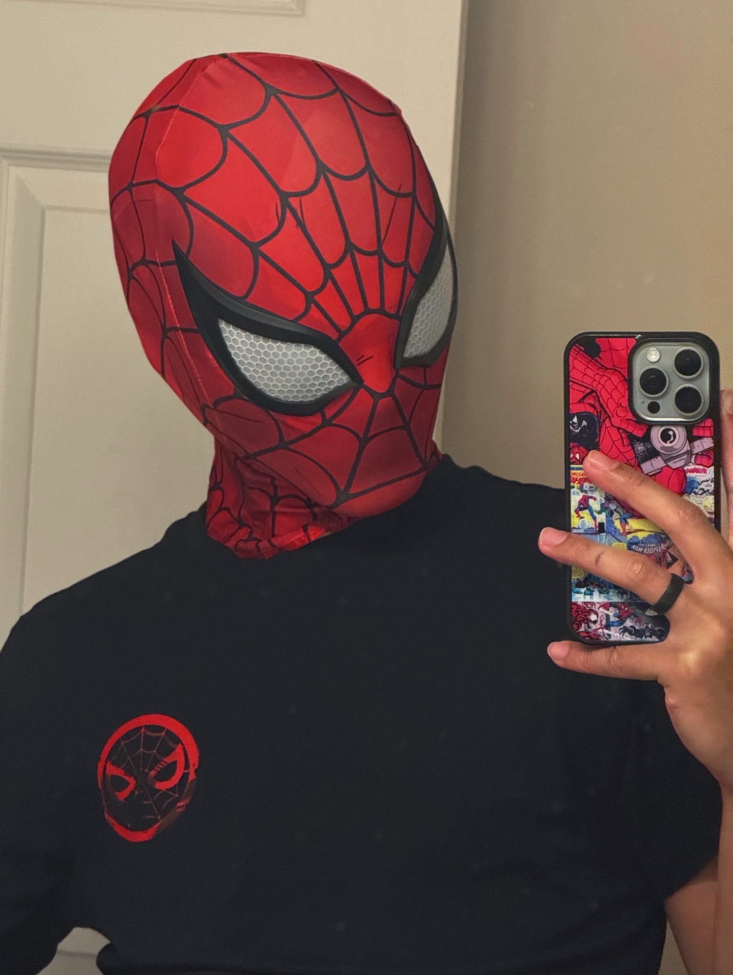 Instagram post by @peetza_spoody for Zavvi. Caption reads: Check out this Marvel Rivals Spidey shirt from....