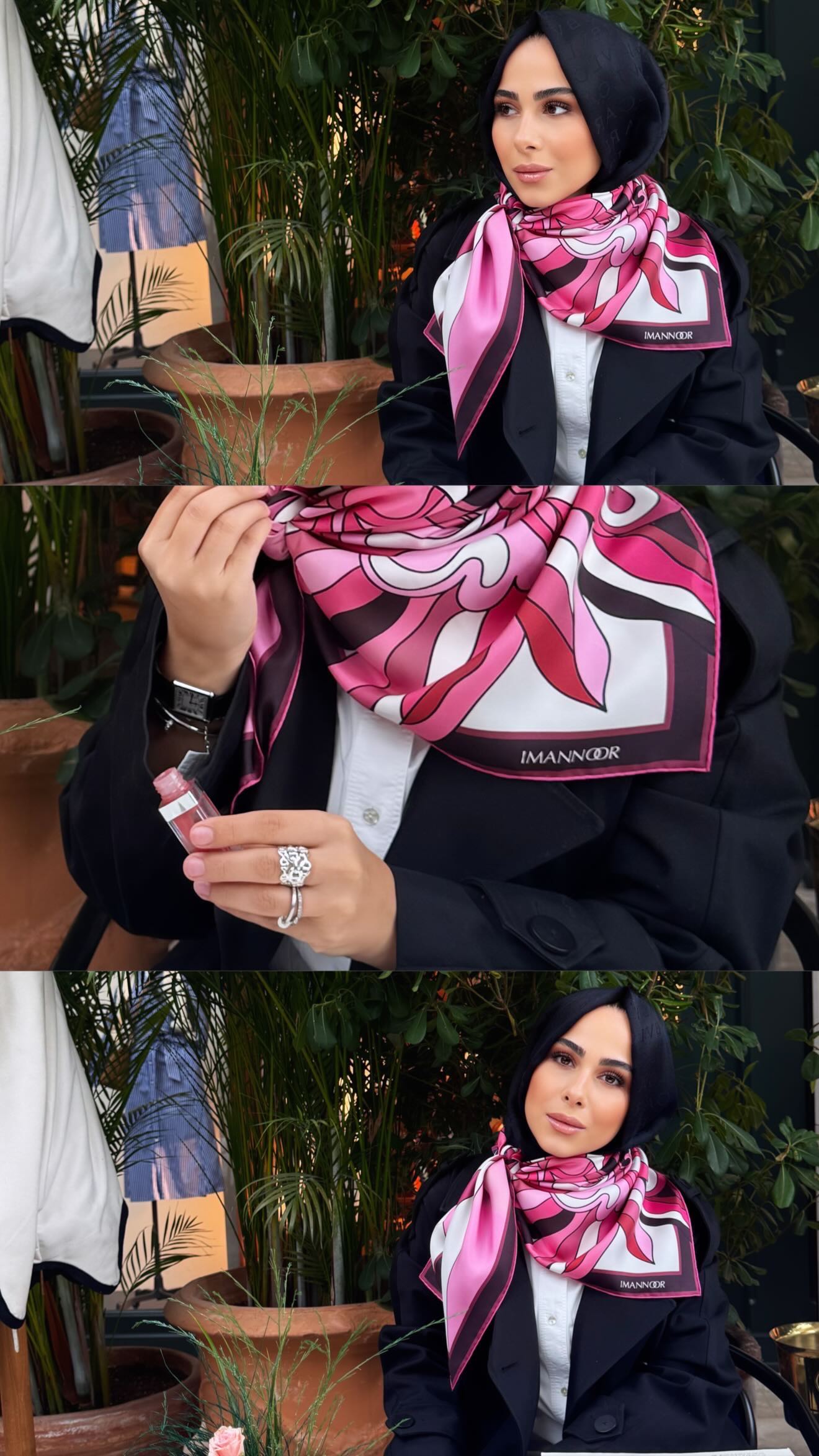 Instagram post by @efnanhan for Imannoor. Caption reads: One scarf, three styles 🩷 

@imannoor #reklam....