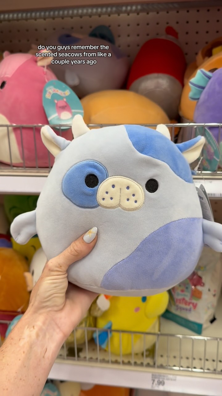 Instagram post by @danisquishie for Squishmallows. Caption reads: I can’t believe I just found the Blue Sea cow....