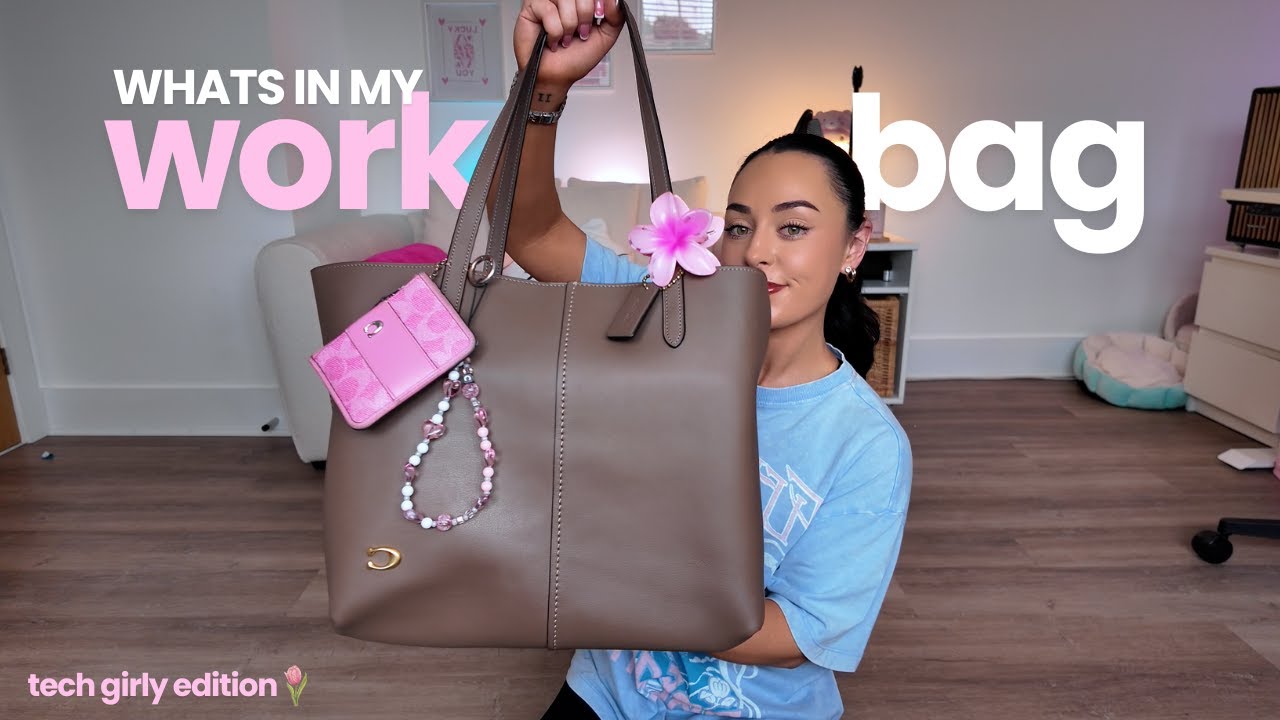 YouTube post by @agenomicsphd for Coconut Lane. Caption reads: WHAT'S IN MY WORK BAG | tech girly edition....