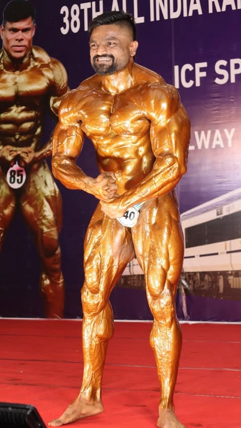 Instagram post by @indianmusclemenz for ENHANCED Labs. Caption reads: Posing Routine from Railway Championship....
