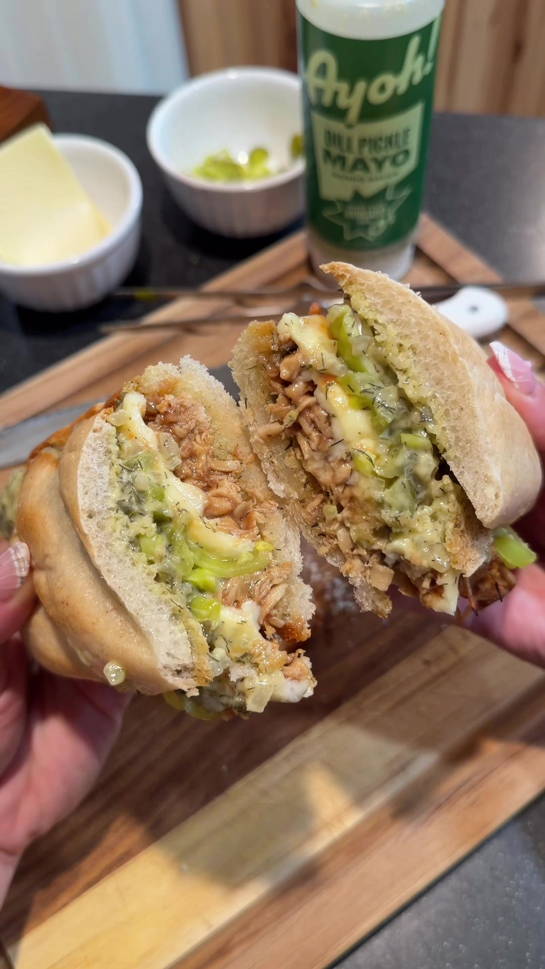 TikTok post by @meatupfordinner for Ayoh!. Caption reads: [...] acutal CHUNKS of dill pickle in this....