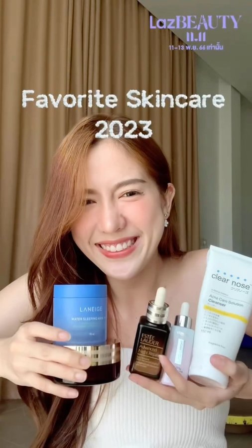 Instagram post by @praepanwa for LAZADA.co.th. Caption reads: Favorite Skincare 2023 มาบอกกรุสกินแคร์ลูกรัก....